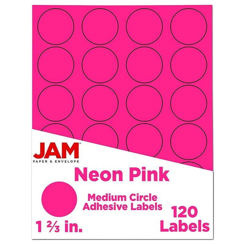 JAM PAPER Circle Label Sticker Seals - 1 2/3 Inch Diameter - Neon Pink - 120 Round Labels/Pack - Image 1